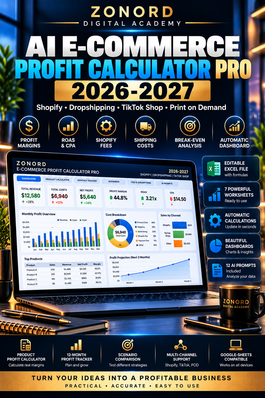 AI E-commerce Profit Calculator Pro 2026–2027 | Shopify, Dropshipping & ROAS Excel Dashboard